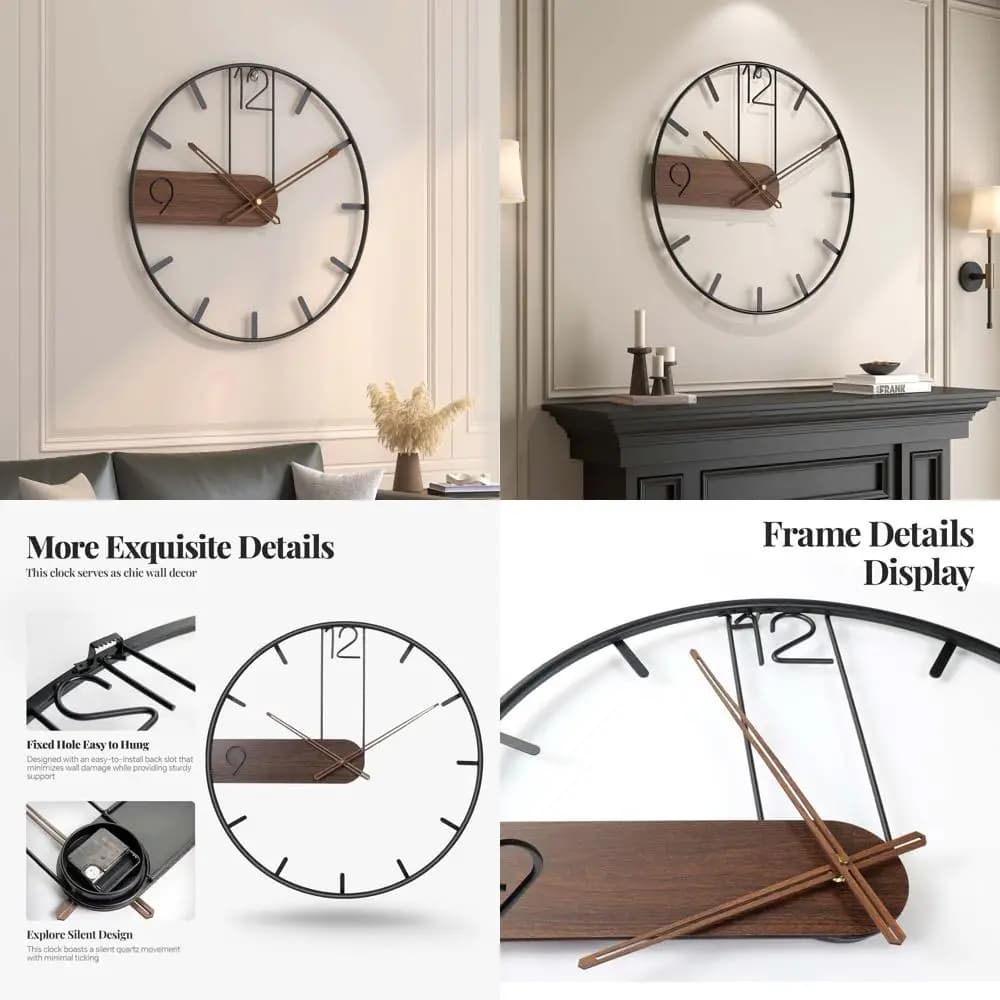 24 Inch Silent Wall Clock, Walnut Dial with Arabic Numerals for Home Furniture