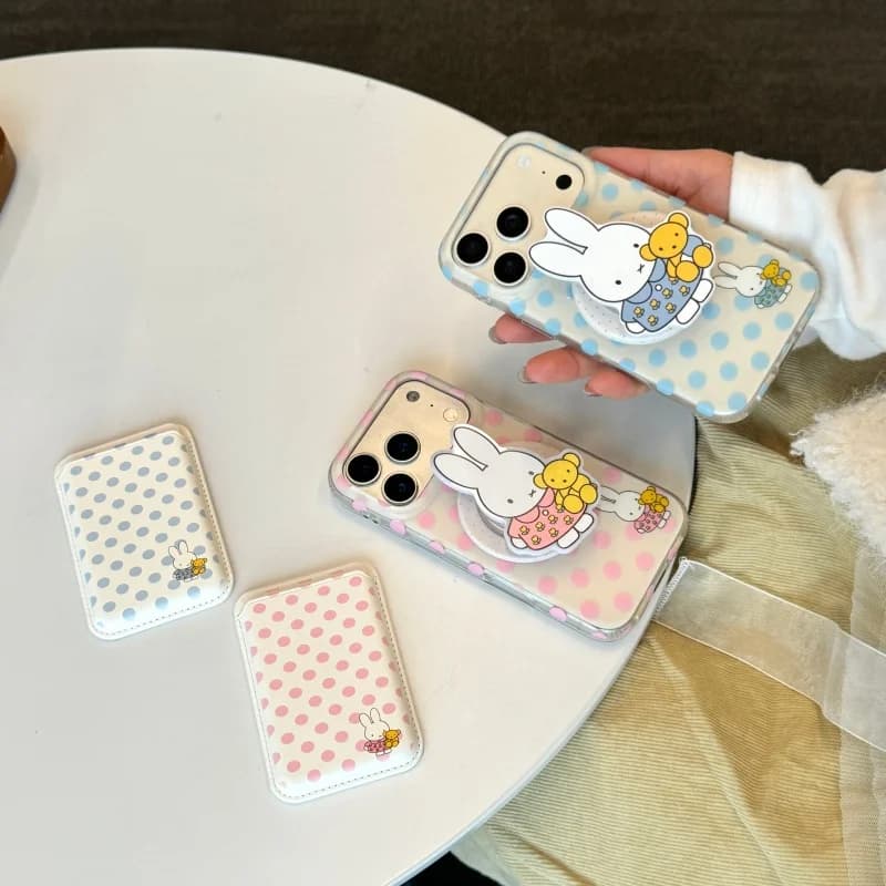 Custodia per telefono con portafoglio magnetico a pois Miffy stile cartone animato per iPhone 16 15 14 13 17 Pro Max, cover Miffy Magsafe per ricarica wireless