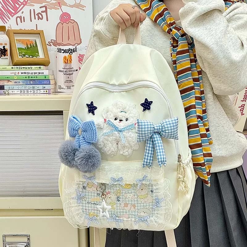 Zaino in Tela Bianco Crema da Donna con Bordo in Pizzo, Fiocco a Quadri, Charm in Peluche, Tracolla Regolabile, Borsa Casual per Scuola Quotidiana 2026 Nuovo Stile Y2K