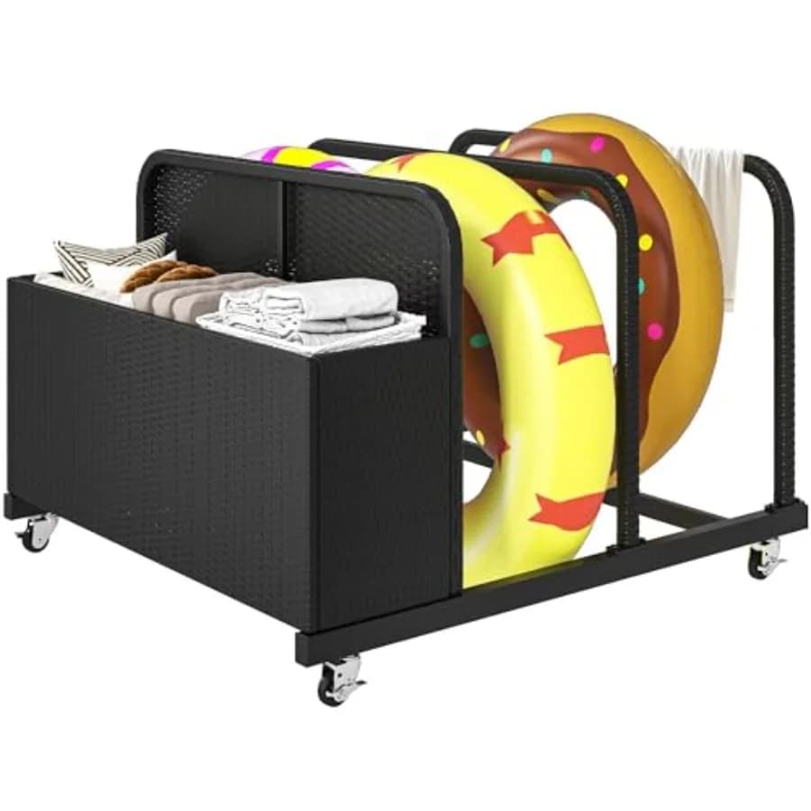 Contenitore portaoggetti galleggiante per piscina in rattan PE per cuscini, galleggianti, giubbotti di salvataggio, palloni da spiaggia, mobili da giardino, nero