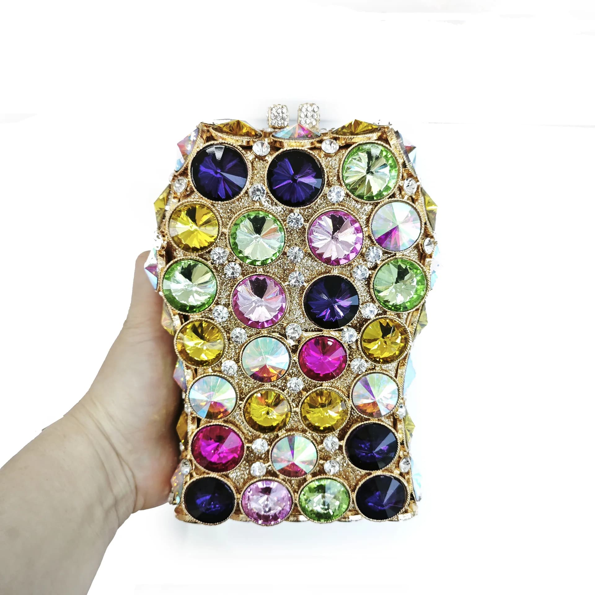 Pochette da sera con strass dorati Borsa da cerimonia nuziale formale con scatola di metallo Borsa da sposa Minaudiere Pochette da donna Borse da cena