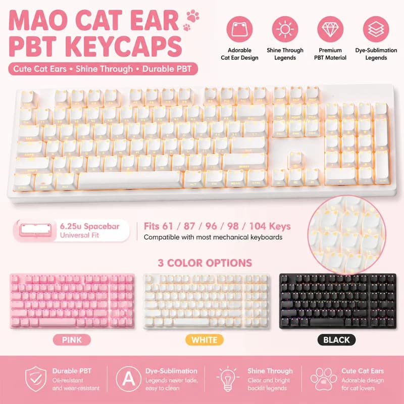 113 Key MAO Cute Cat Ear Translucent Keycaps PBT Heat Sublimation Compatible With Cross Shaft Mechanical Keyboard DIY Custom