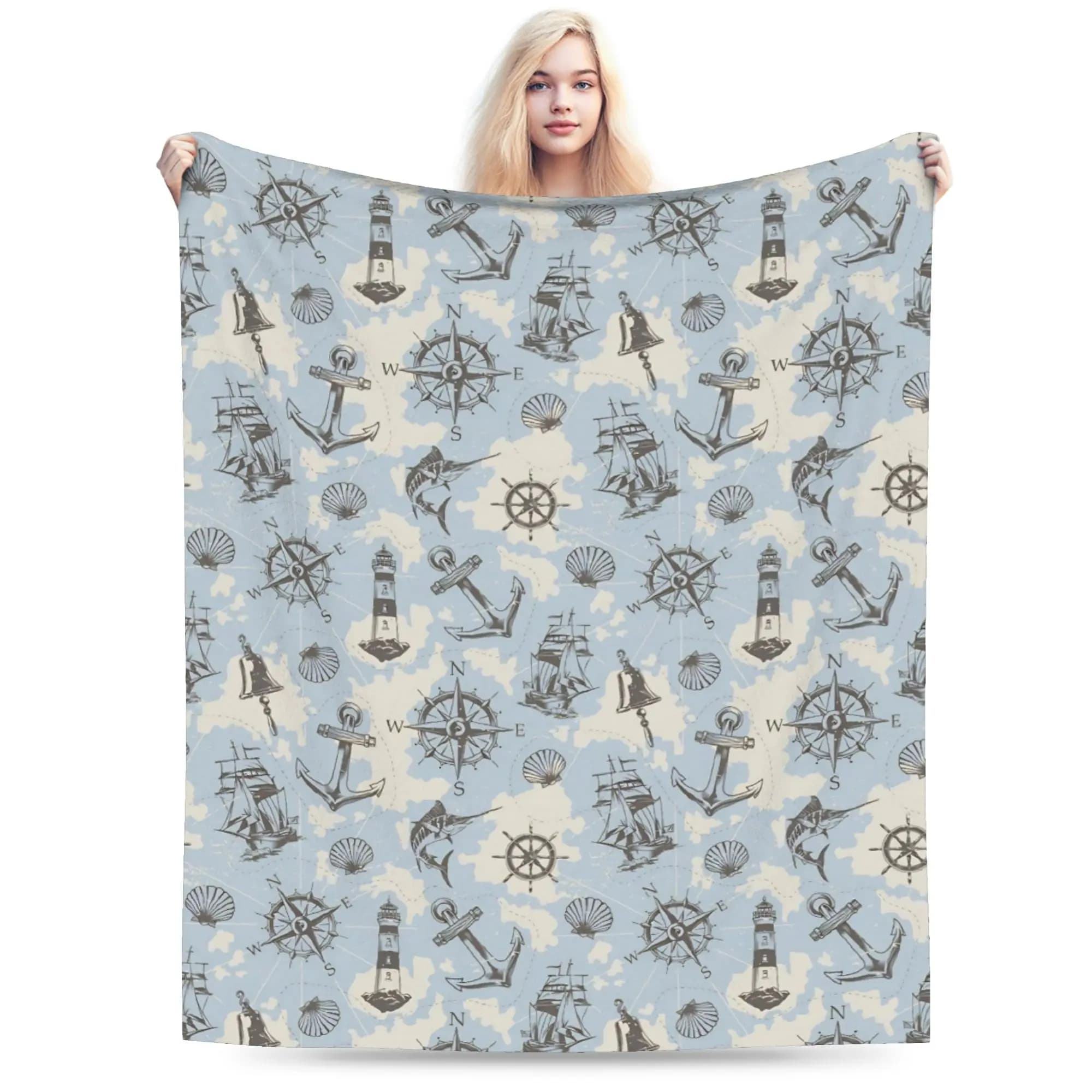 Coperte in flanella con motivo ancora nautica e barca, calde e morbide per l'inverno, plaid per letto, divano e sedia, copriletto e copridivano, stile street trend per ragazzi