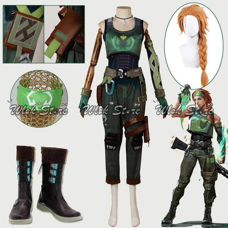 ABC123Game Costume Cosplay VALORANT Skye con Parrucca, Foulard, Uniforme, Borse e Accessori per Uomo e Donna, Outfit per Festa di Halloween