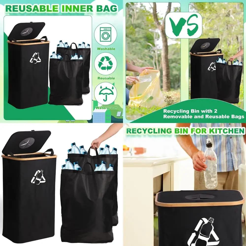 Grande contenitore per il riciclaggio da cucina da 27 galloni con 2 rivestimenti rimovibili per bottiglie, lattine, vetro e rifiuti di plastica (nero)