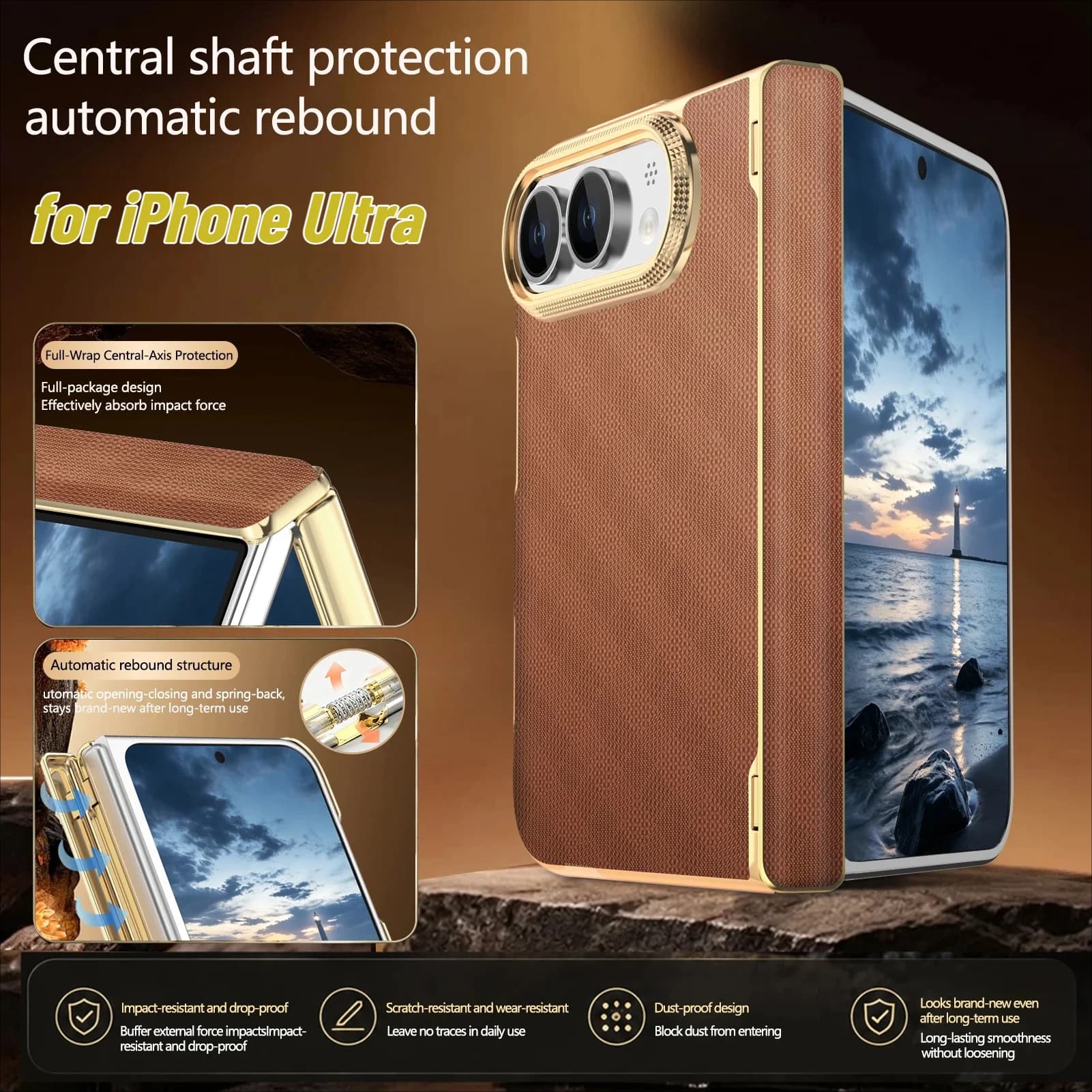 Luxury Retro Plating Edge Skin-Feel Leather Phone Case‌ for iPhone Dou18 Fold Hinge Full-Protect Lens Riased Anti-drop Cover