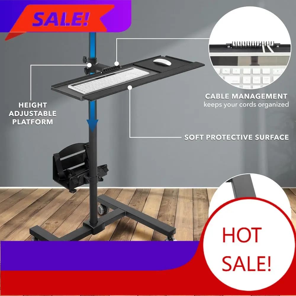 Adjustable desk trolley with monitor support, mobile work station for screens up to 32 inch, keyboard tray, CPU support, popular and trendy