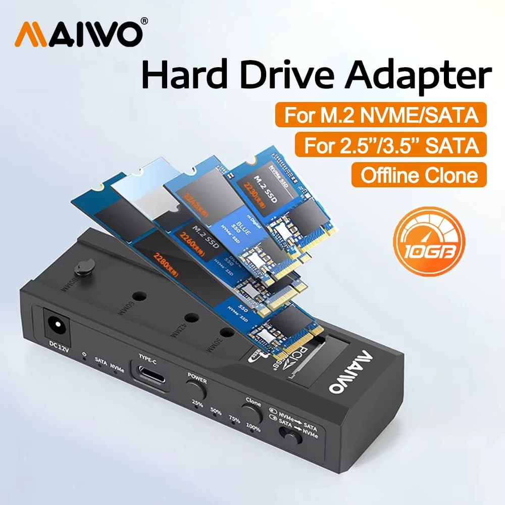 Custodia SSD MAIWO Dual Bay M2 NVMe NGFF Custodia SSD PCIe M.2 da 10 Gbps Custodia HDD di archiviazione esterna da 2,5 "/3,5" con clone da ufficio per PC