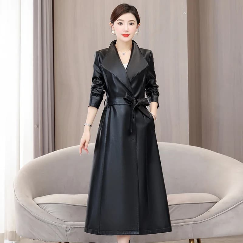 2025 Primavera Autunno Streetwear Trench in pelle da donna X-lungo soprabito telai giacca a vento sottile elegante capispalla in pelle da donna