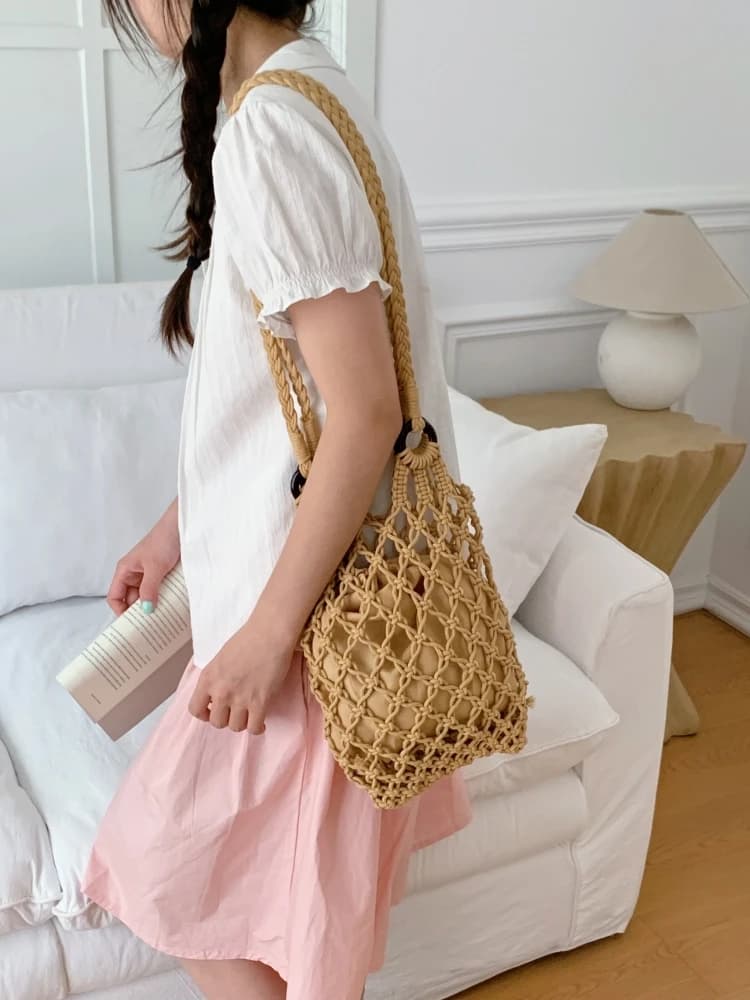 2026 New Autumn Beach Sand Beach Handbag Hollow Grid Single Shoulder Bag Cotton Thread Hook Needle Fishing Net Weaving Bag Tr...