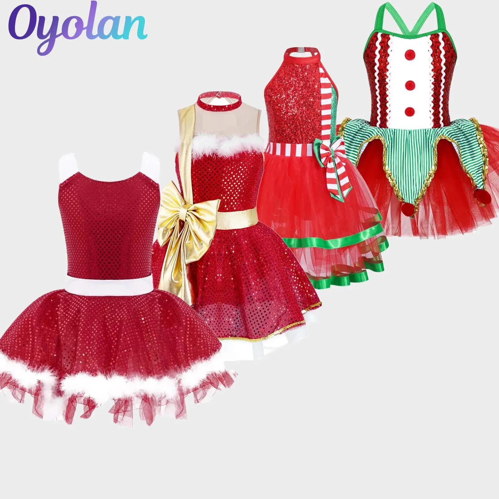 Bambini Ragazze Natale Elfo Candy Cane Mrs Babbo Natale Costume Cosplay Paillettes Ginnastica Pattinaggio Balletto Danza Body Vestito