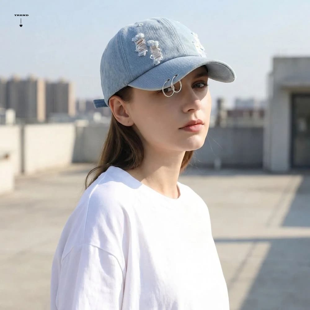 Simple Creative Iron Ring Baseball Cap Cotton Hip Hop Ripped Denim Baseball Hat Solid Color Duckbill Hat Sunshade Hat Girl