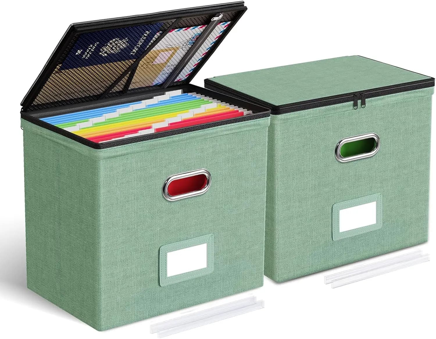 Confezione da 2 scatole porta documenti con coperchi, tasche in rete per cartelle, contenitori con cerniera per casa, ufficio e scuola in verde
