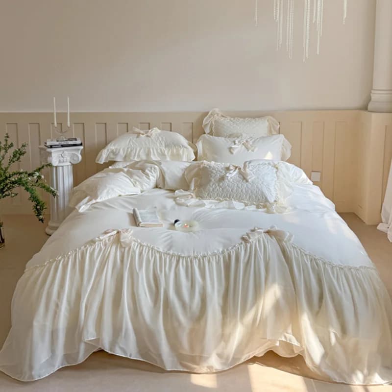 4 pcs set wedding bed linen with lace volant set duvet cover in pure cotton set double quilted lace bedspread pillow pillowcase