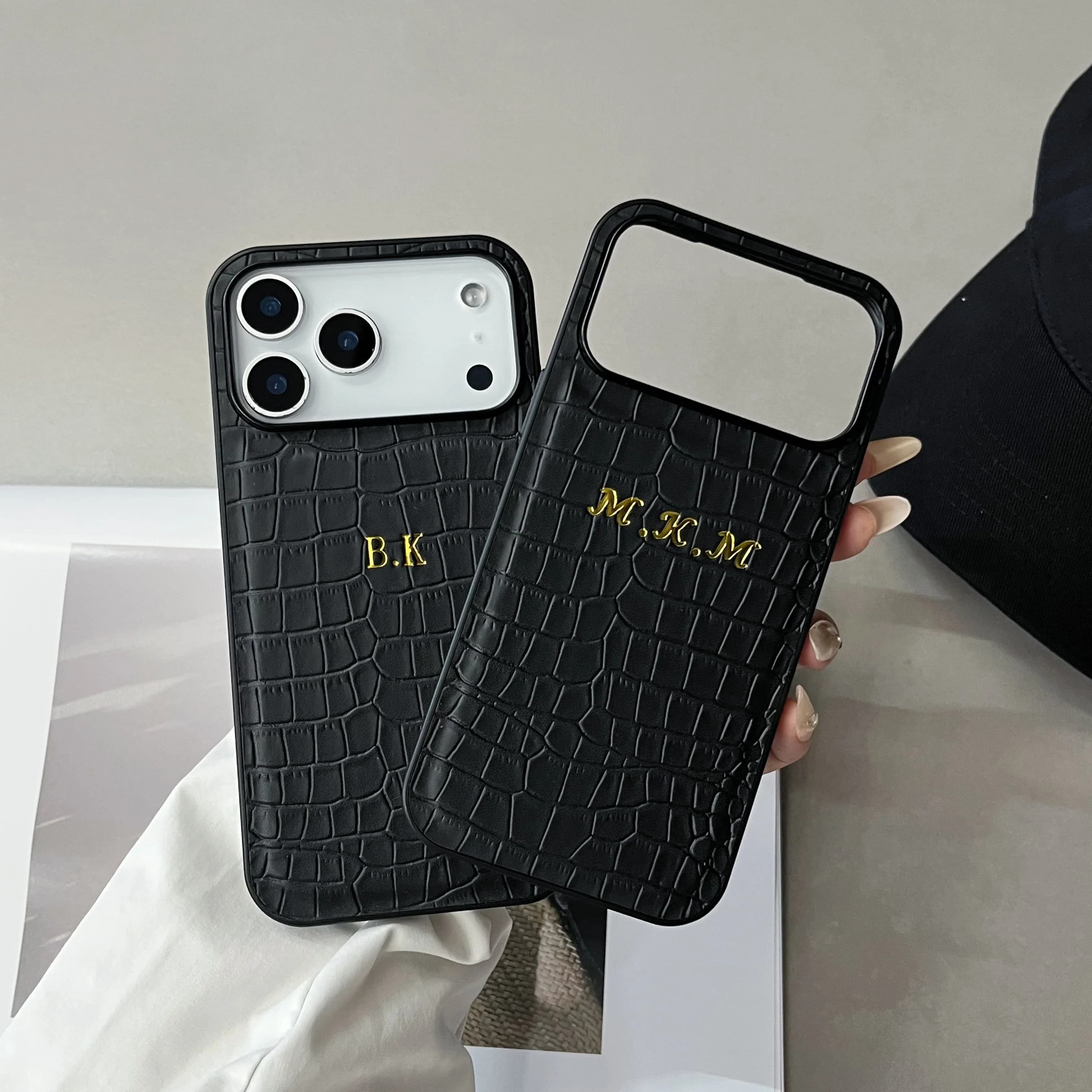 Custodia in ecopelle con motivo coccodrillo classico con nome personalizzato di lusso per iPhone 17 16 15 14 13 12 11 Pro Max 17 Air Hot Foil Stamping