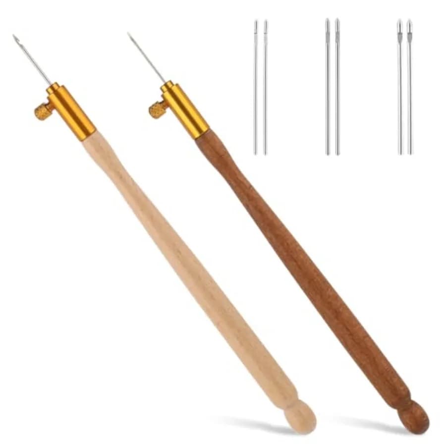 2 Pcs Tambour Hooks Kit Embroidery Crochet Hook Wood Handle Tambour Embroidery Kit French Drum Hooks with 6 Needles Tambour Hoo