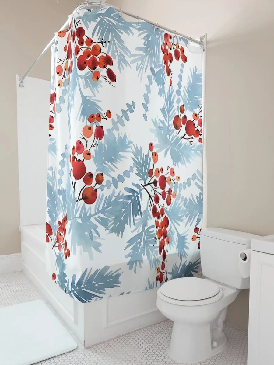 Elegante tenda da doccia impermeabile con foglie blu e bacche rosse ‌ ‌ Decorazione moderna rustica per il bagno, stampa ad acquerello con ganci, facile da pulire