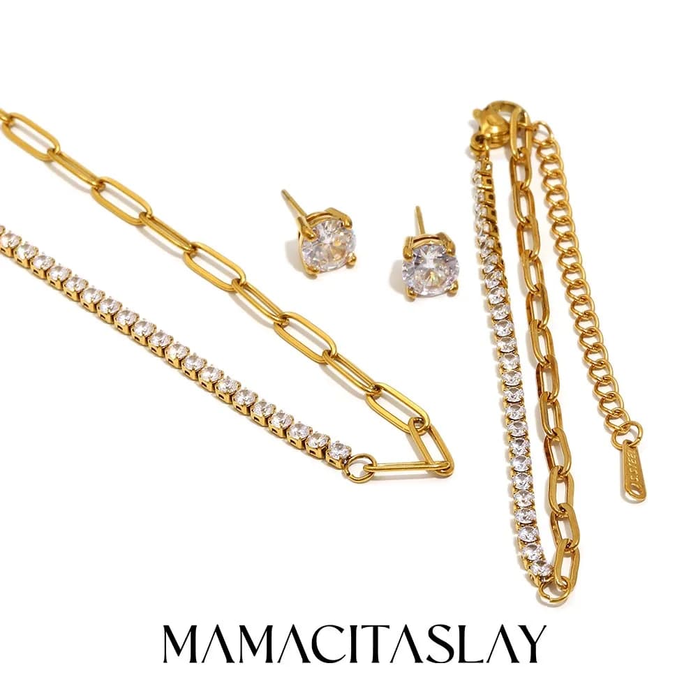 MamacitaSlay Acciaio inossidabile 316L AAA Zircone Collana asimmetrica Bracciale Orecchini Set di gioielli impermeabili placcati oro 18 carati Regalo