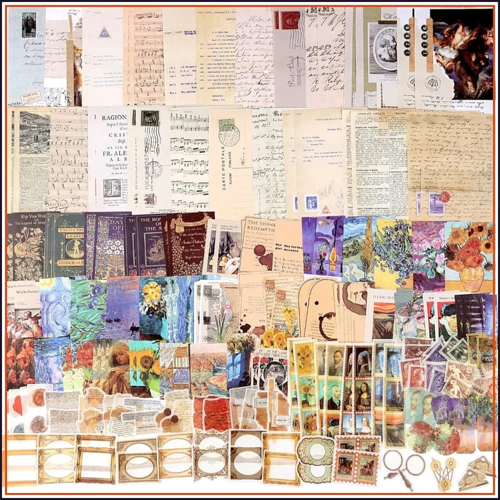 200pcs Vintage Junk Journal Supplies, Scrapbook Paper & Stickers Ephemera Kit for Art Aesthetic Collage