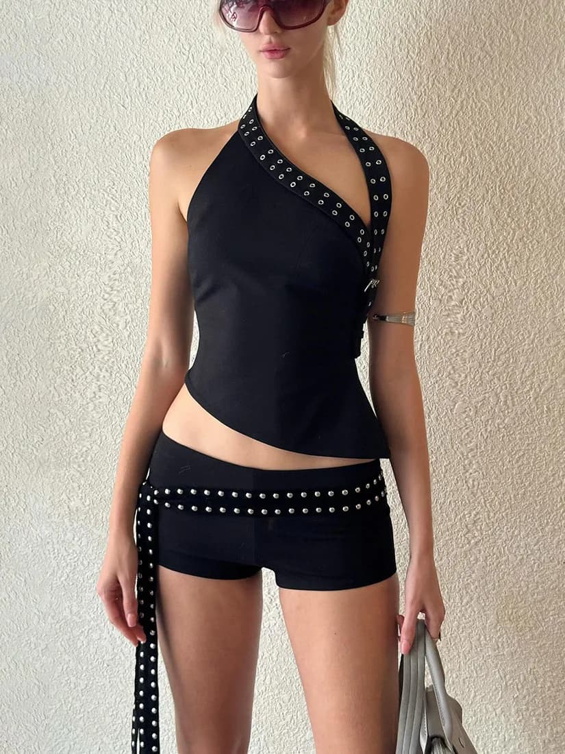 Fashionable Trendy Summer 2025 Women's High Waist Short Pants Set Slant Shoulder Slim Fit Top And Short Shorts Combo Breathab...