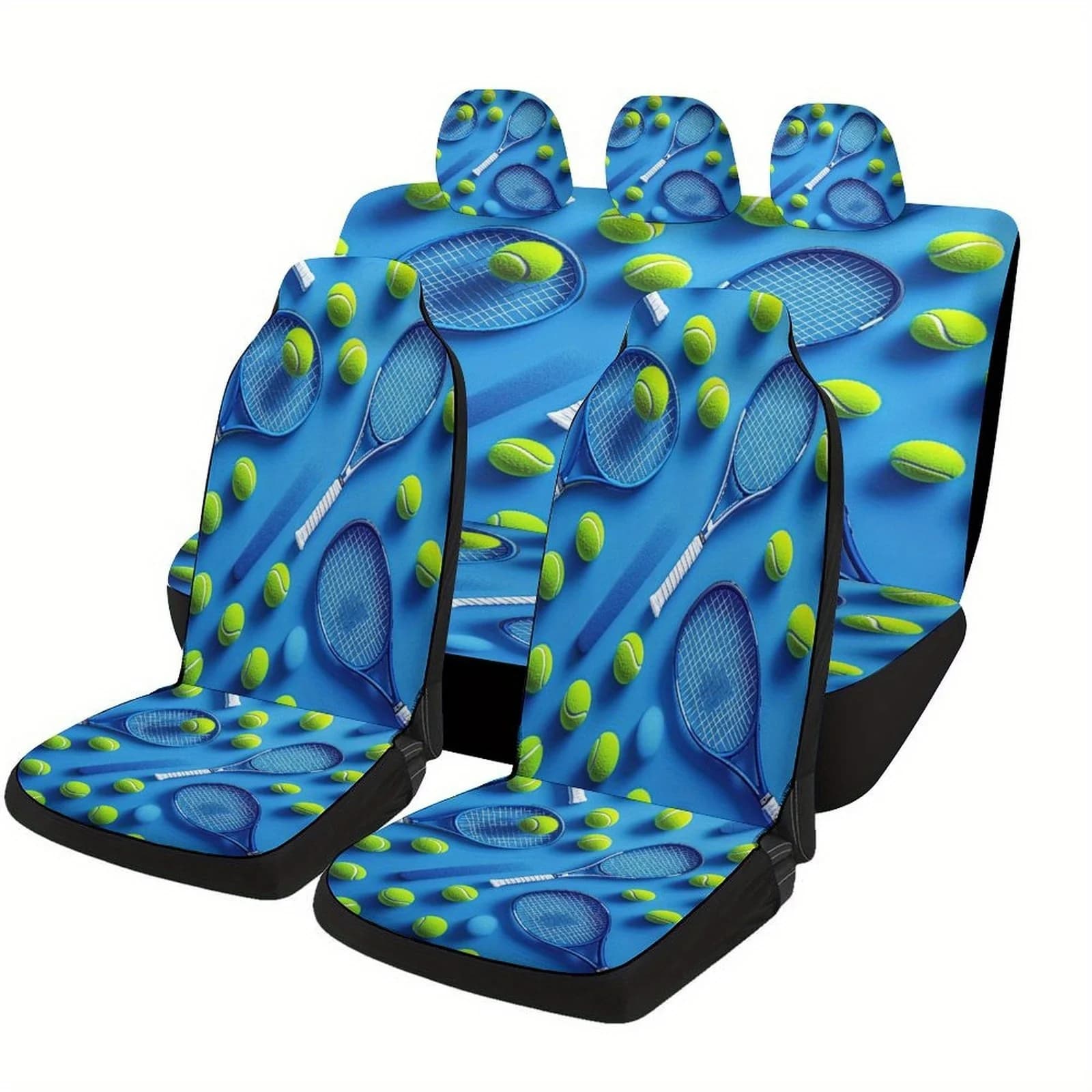 Tennis Rackets Balls Themed Car Seat Covers Set For Most Cars, Fashionable Decorative Car Seat Protector Covers Full Set, Car