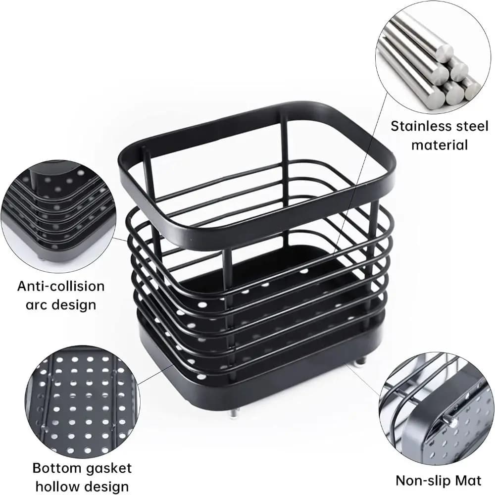 Scaffale portaoggetti multifunzionale in acciaio inossidabile nero, porta spazzolini e scolapiatti da cucina