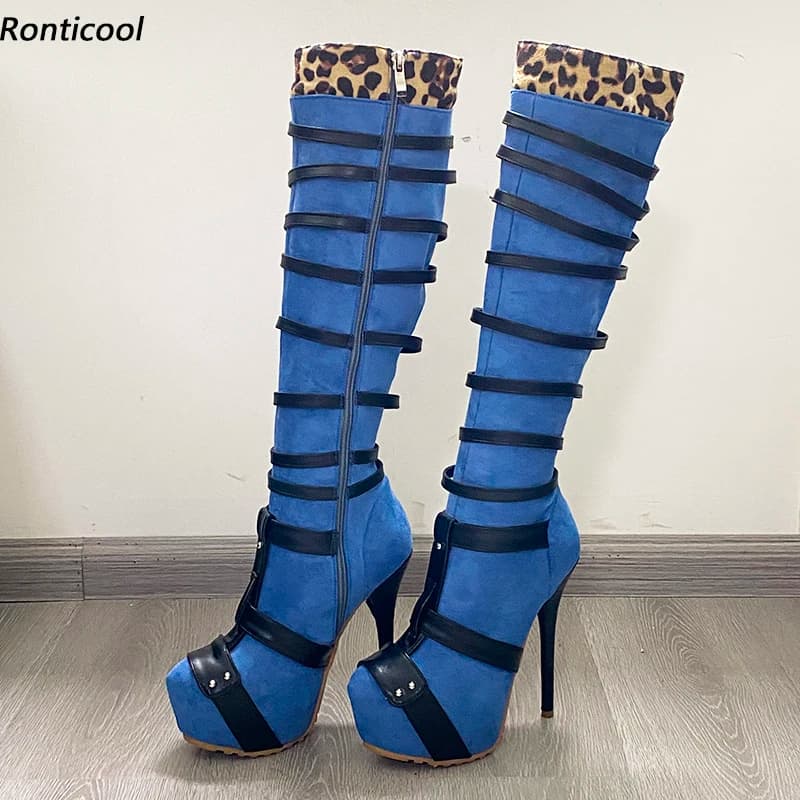 Ronticool Handmade Women Winter Knee Boots Sexy Belts Stiletto Heels Round Toe Pretty Light Blue Club Shoes Plus US Size 5-20