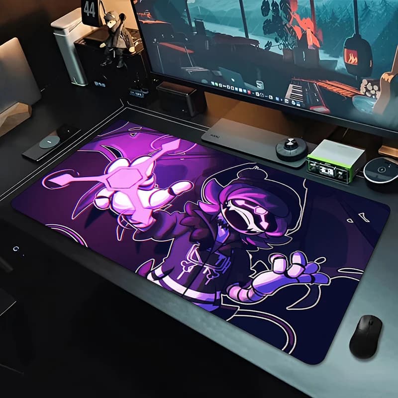 Tappetino per mouse da gaming, grande tappetino da scrivania, antiscivolo, bordi cuciti, stampa anime con personaggio robot viola, tappetino per tastiera per gamer, casa e ufficio