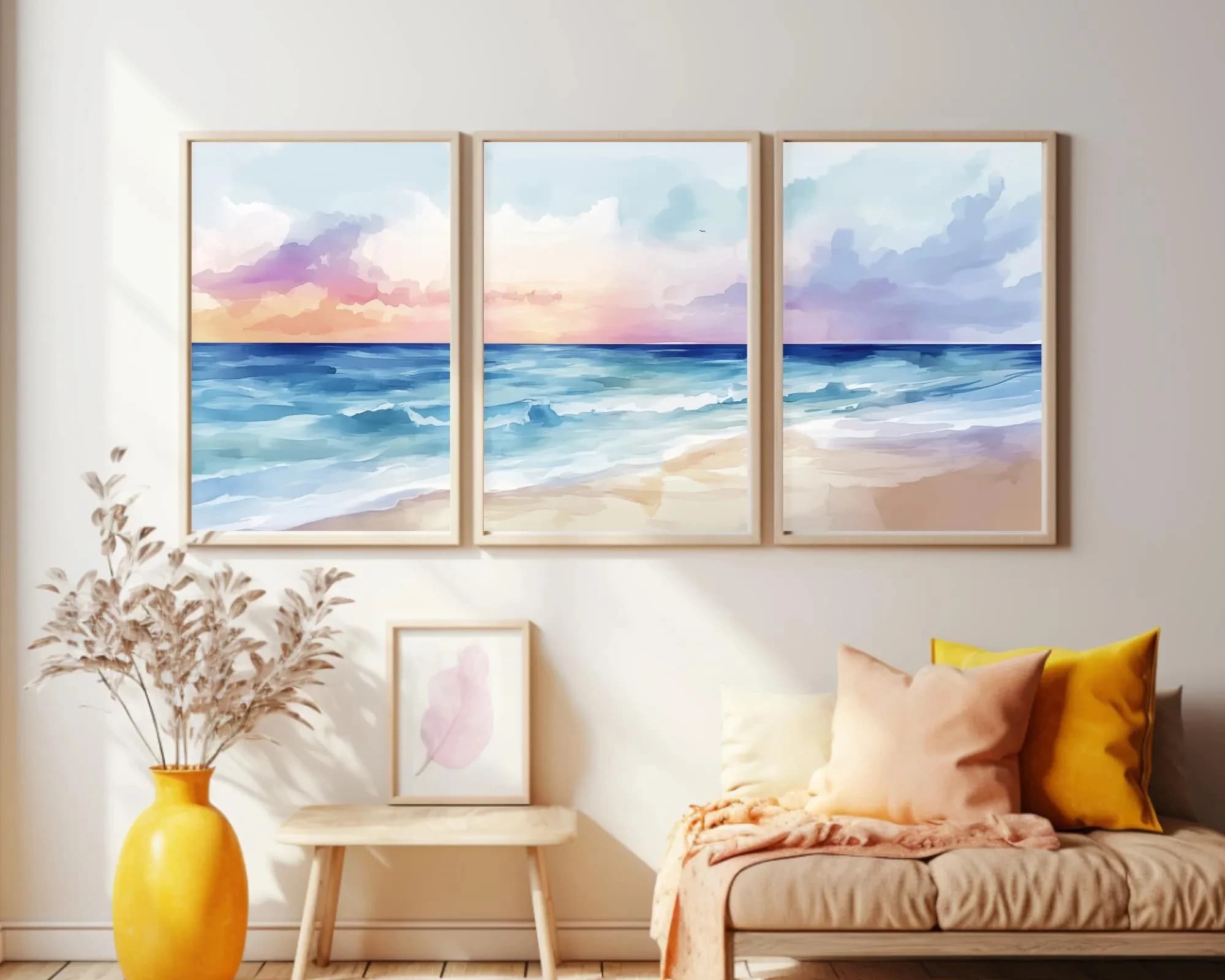 Pastel Sunset Watercolor Print,Set of 3,Coastal Beach Wall Art,Ocean Seascape Decor,Pink Sunset Poster, Mediterranean Wall Art