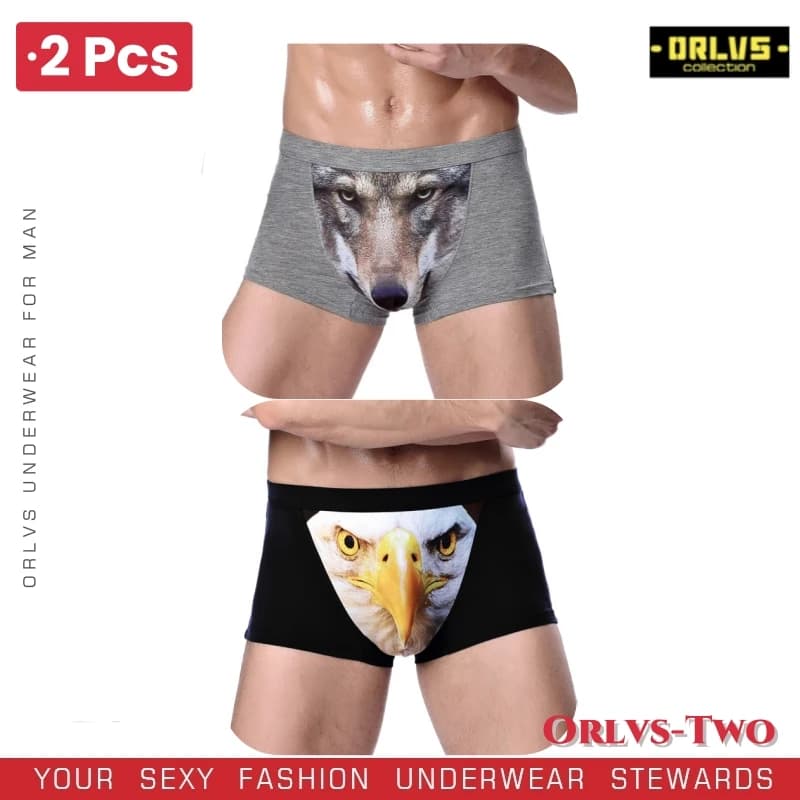 2 pieces men's boxer panties men's fashion wolf eagle animal cartoon panties hombre U bag bulgo men's underwear lingerie gift