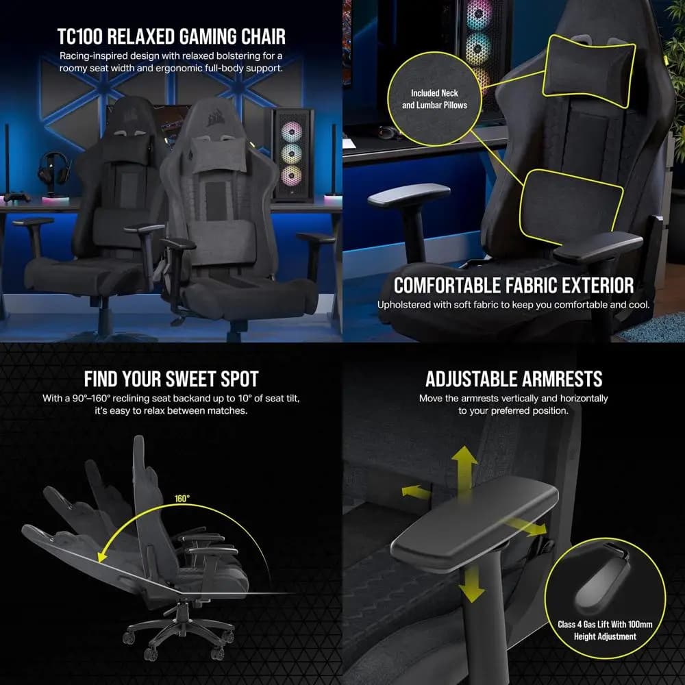 Sedia da Gaming Relax - Tessuto - Stile Racing - Supporto Lombare - Cuscino in Memory Foam - Seduta e Braccioli Regolabili - Grigio/Nero