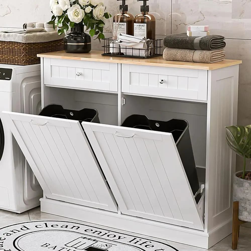 Mobiletto per Rifiuti e Riciclaggio a Doppio Scomparto, 2x13 Galloni, Contenitore da Cucina con Cassetti Nascosti, Bianco