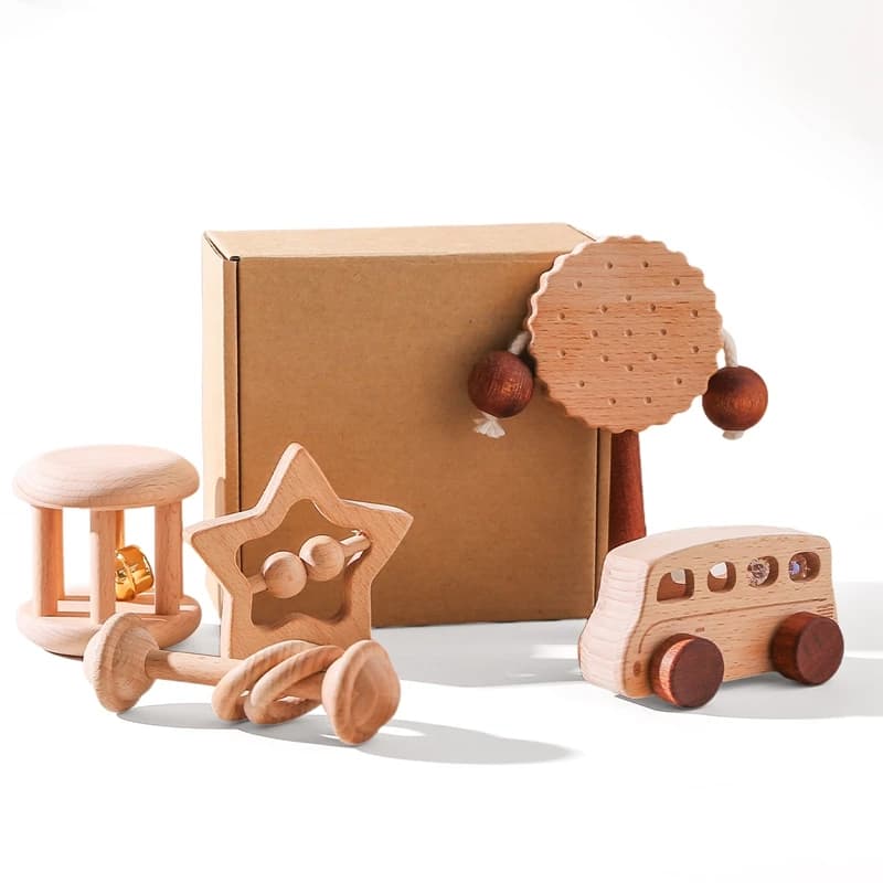 Giocattoli a sonaglio in legno per bambini blocchi di faggio giocattolo a sonagli per auto dei cartoni animati campana a mano per bambini educativo gioco di dentizione Montessori palestra giocattolo per bambini regalo