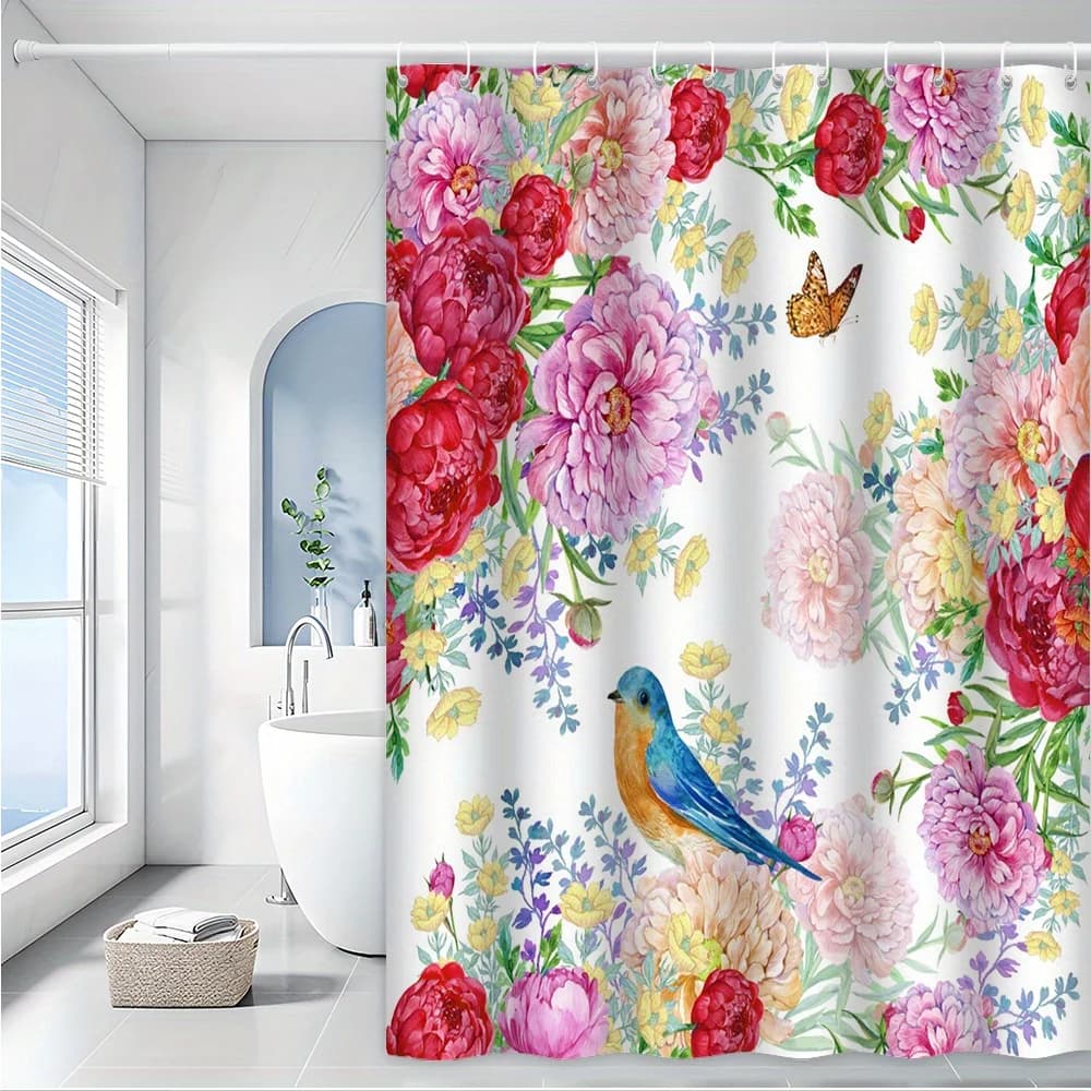 Affascinante tenda da doccia floreale: tema peonia vibrante e uccellino blu per l'arredamento del bagno, aggiunge bellezza e tocco della natura