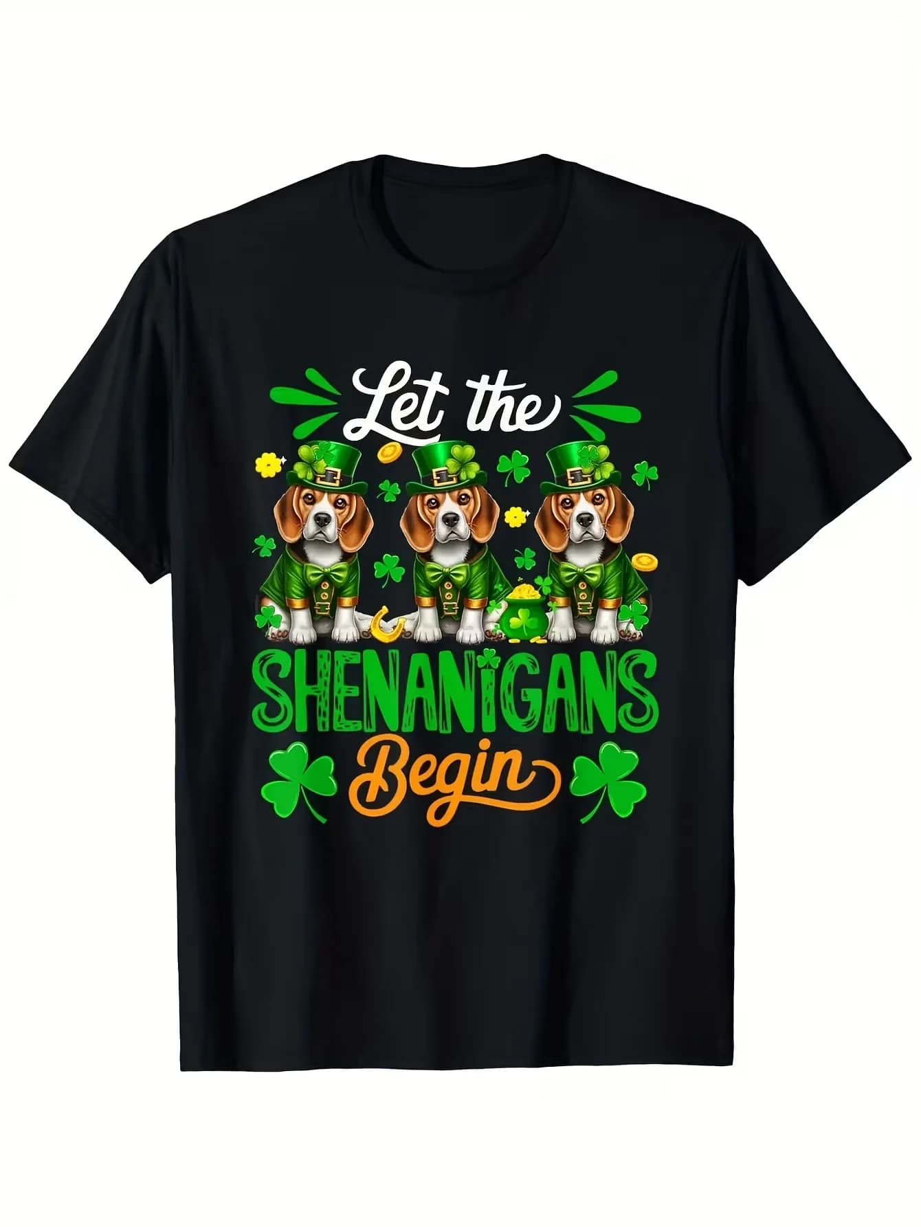 Funny Men's Black Graphic T-Shirt Beagle Dog Leprechaun Hat Clover Coin Let the Shenanigans Begin Vintage Letter Print 100% Cotton Heavyweight Short Sleeve Casual Streetwear Tee