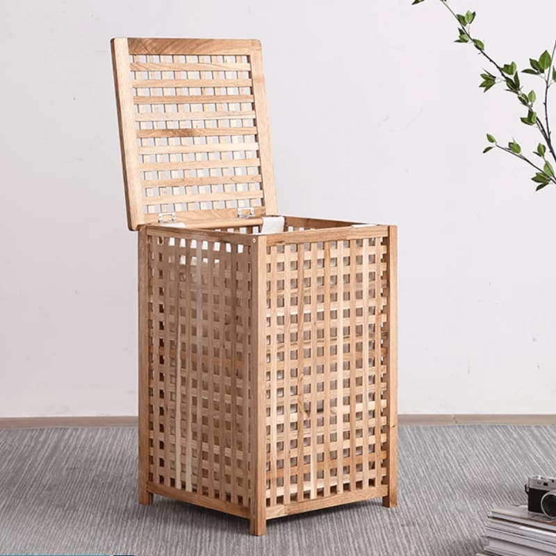 Wooden Laundry Basket with Lid, Nordic Storage Box for Small Space, Cotton Canvas Bag Snap Button, Side Table Ottoman Crate