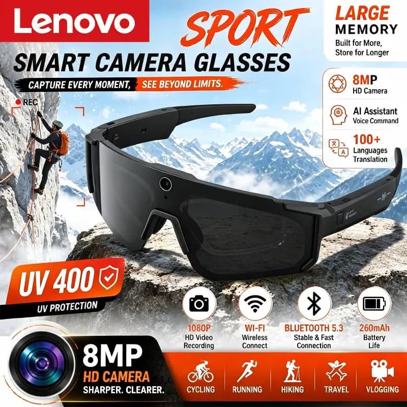 Lenovo AI Smart Glasses ChatGPT 1080P Camera 8MP Anti-shake Cycling Video&Photo Sport Sunglasses DualMic 32GB Windproof Goggles
