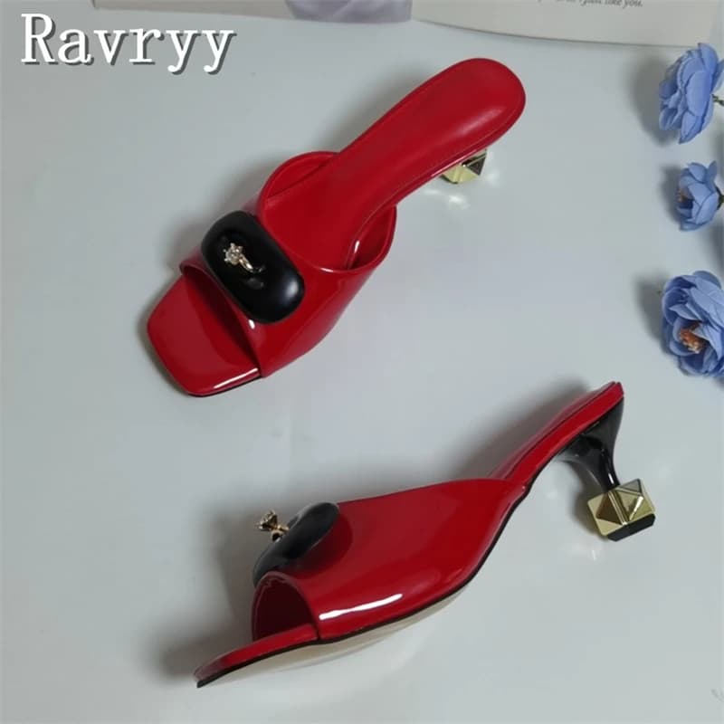 Women's Red Patent Leather Mule Heels Square Open Toe Rhinestone Decor Unique Diamond Shape Heels Slippers for Party