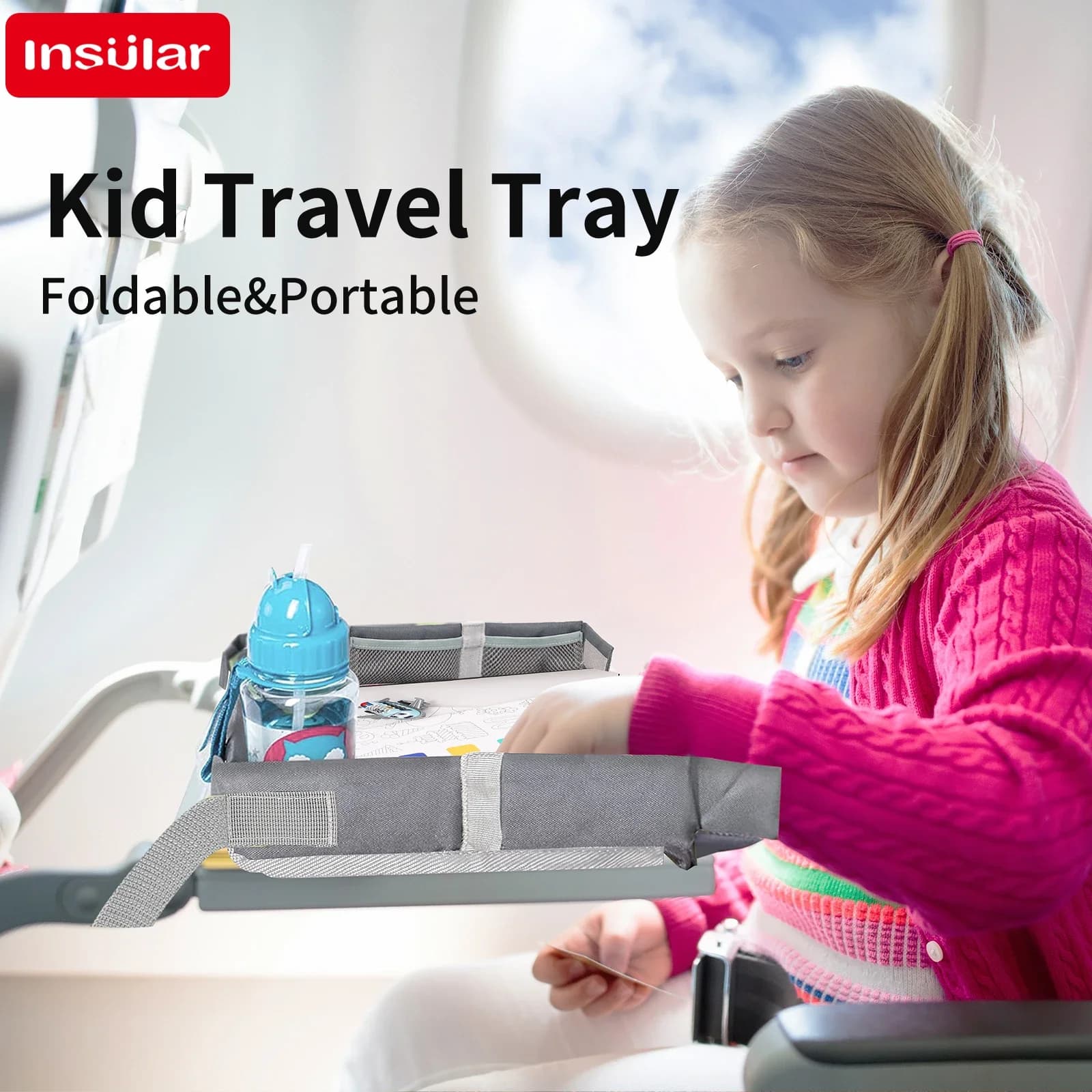 Tavolino da Viaggio per Seggiolino Auto INSULAR per Bambini, Accessorio Impermeabile per Passeggino, Tavolino Portatile per Seggiolino di Sicurezza con Vassoio Porta Snack e Portabicchieri