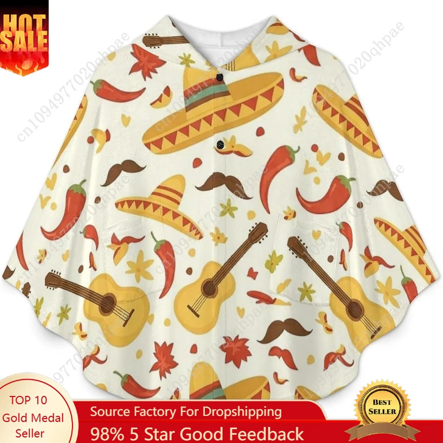 Comodo maglione coperta in flanella, felpa con cappuccio oversize per chitarra a tema messicano con tasche per bambini e adolescenti