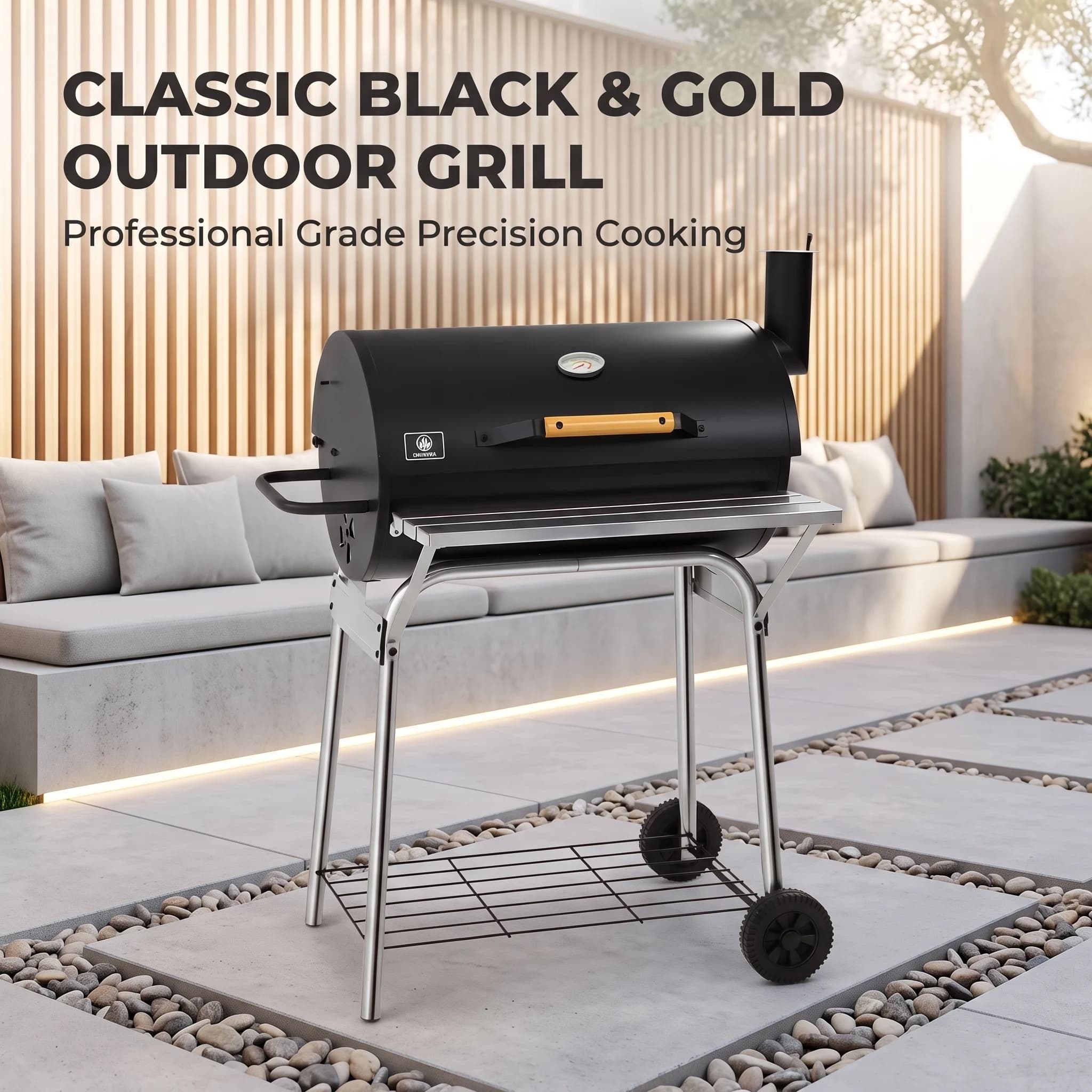 IRONYAK Barrel Charcoal Grill, Outdoor BBQ Smoker, 486 Sq. In. Cooking Area, Warming Rack & Adjustable Charcoal Pan, Front Table & Bottom Shelf, Enameled Steel Wire, Backyard, Patio, Camping & Tailgating