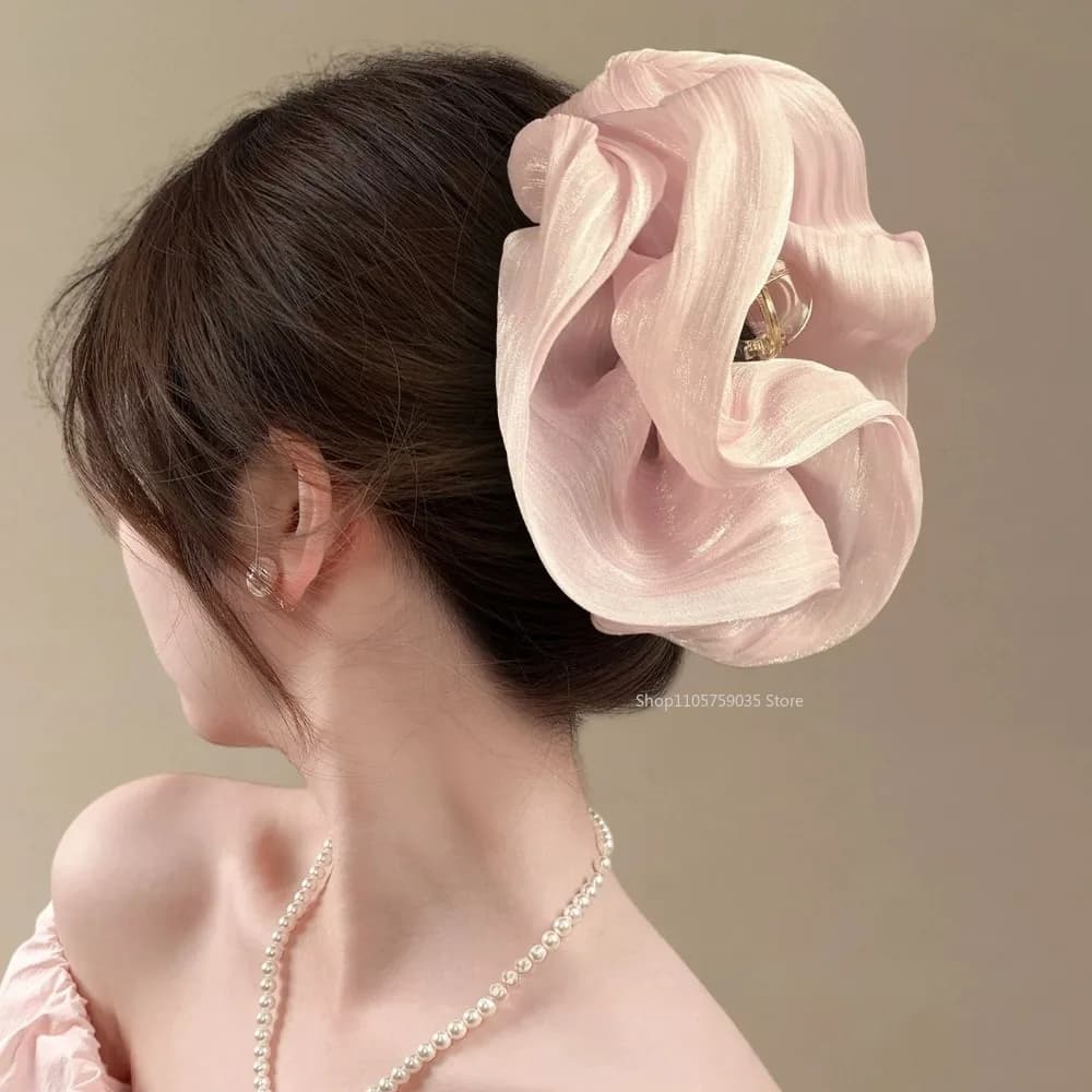 Gentle Large Organza Bow Hair Claw Shiny Wrinkled Clouds Hair Clip for Women Bridal Wedding Party Elegant Hair Accessories