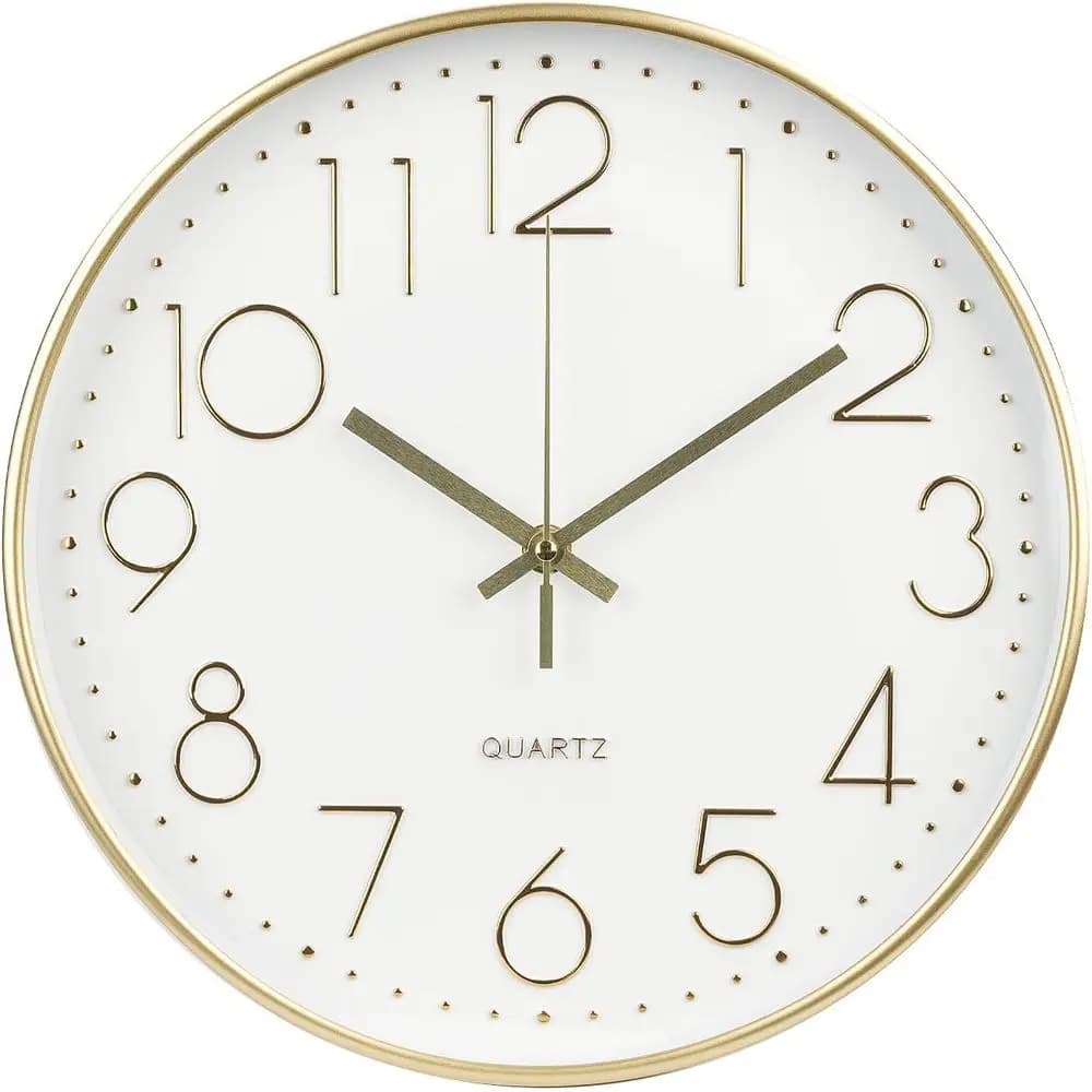 12 Inch Silent Round Gold Dial Quartz Wall Clock for Home, Office, School, Living Room, Bedroom, Kitchen