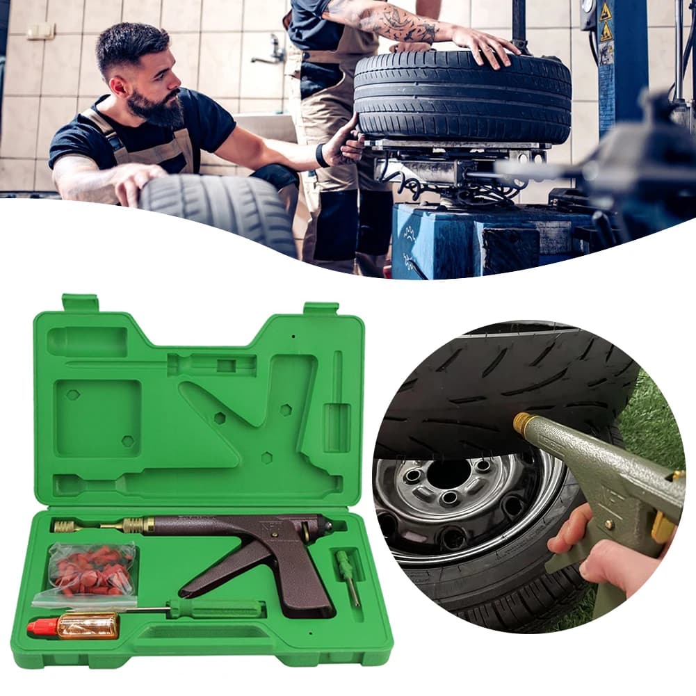 Kit di riparazione pneumatici per auto portatile con scatola di immagazzinaggio Strumento per la manutenzione dei pneumatici resistente all'usura e resistente all'usura Pistola per riparazione pneumatici a vuoto