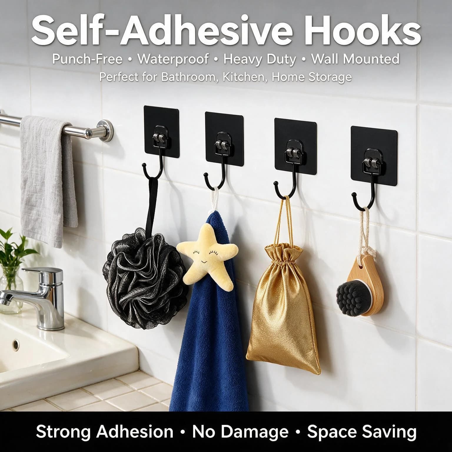 Household Self Adhesive Wall Hooks 5/10pcs Non‑Punching Strong Sticky No Trace Holder for Kitchen Bathroom Towel Bags Storage