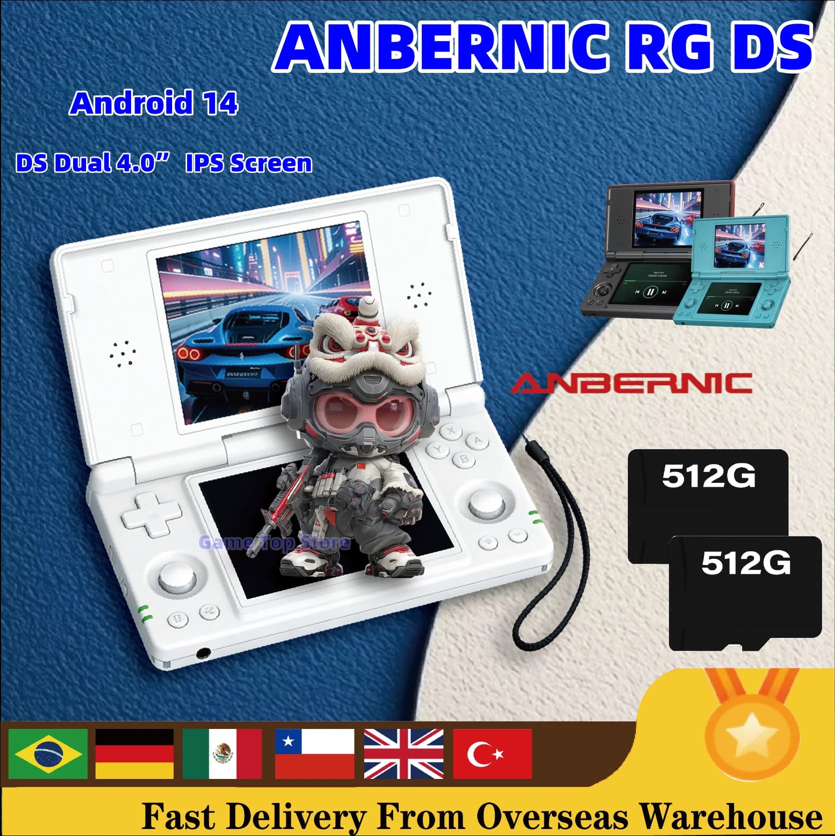 Console di Gioco Anbernic RG DS con Doppio Schermo IPS da 4.0”, Supporto Android 14, Doppia Applicazione su Schermi Divisi e Hall PSP PS2, Regalo