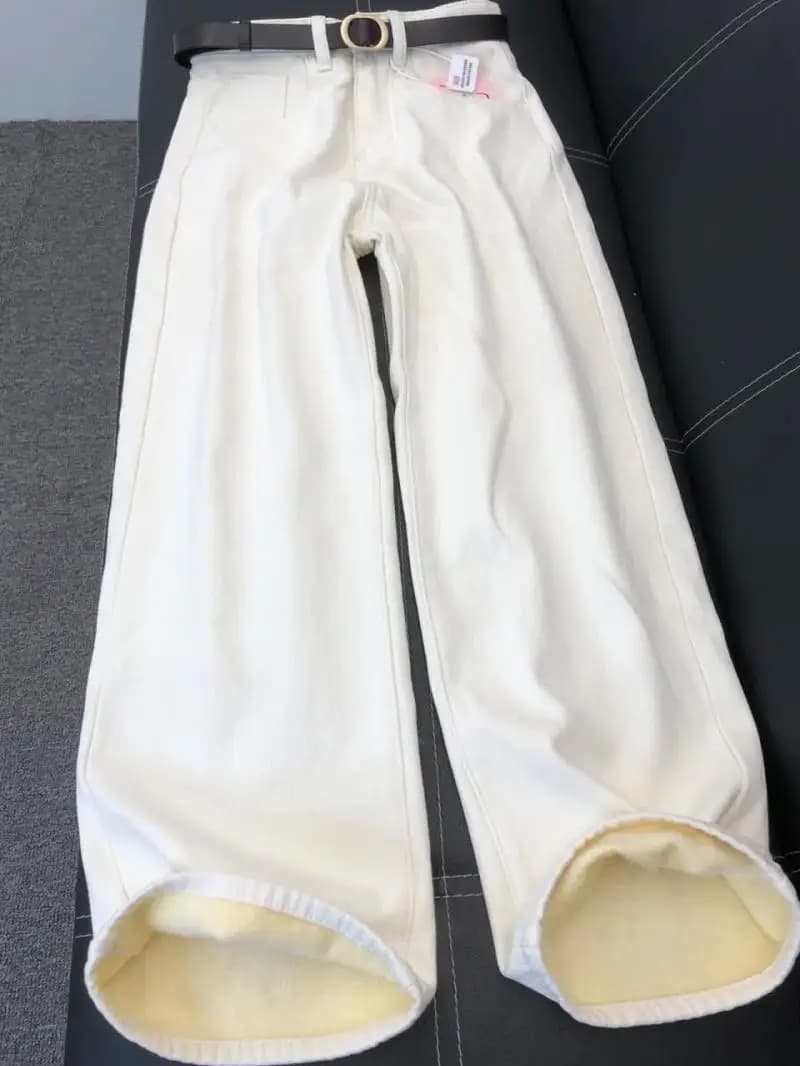 Women's High Waist Fleece Lined Thick Straight Leg Jeans Casual White Slimming Loose Wide Leg Pants Winter Wear