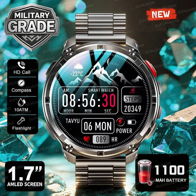 Men's Smart Military Watch 2026 with GPS, 1100 mAh Battery, Swimming Tracker, 10ATM Waterproof Bracelet, Sports Watch for Cycling, Running and Fitness