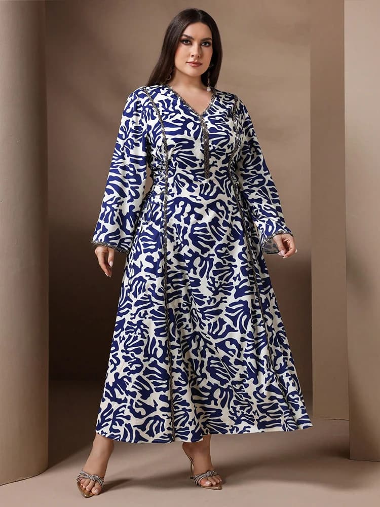 TOLEEN Abiti lunghi da donna taglie forti Abito arabo ampio con stampa musulmana alla moda Elegante abito da banchetto Ramadan tempestato di diamanti