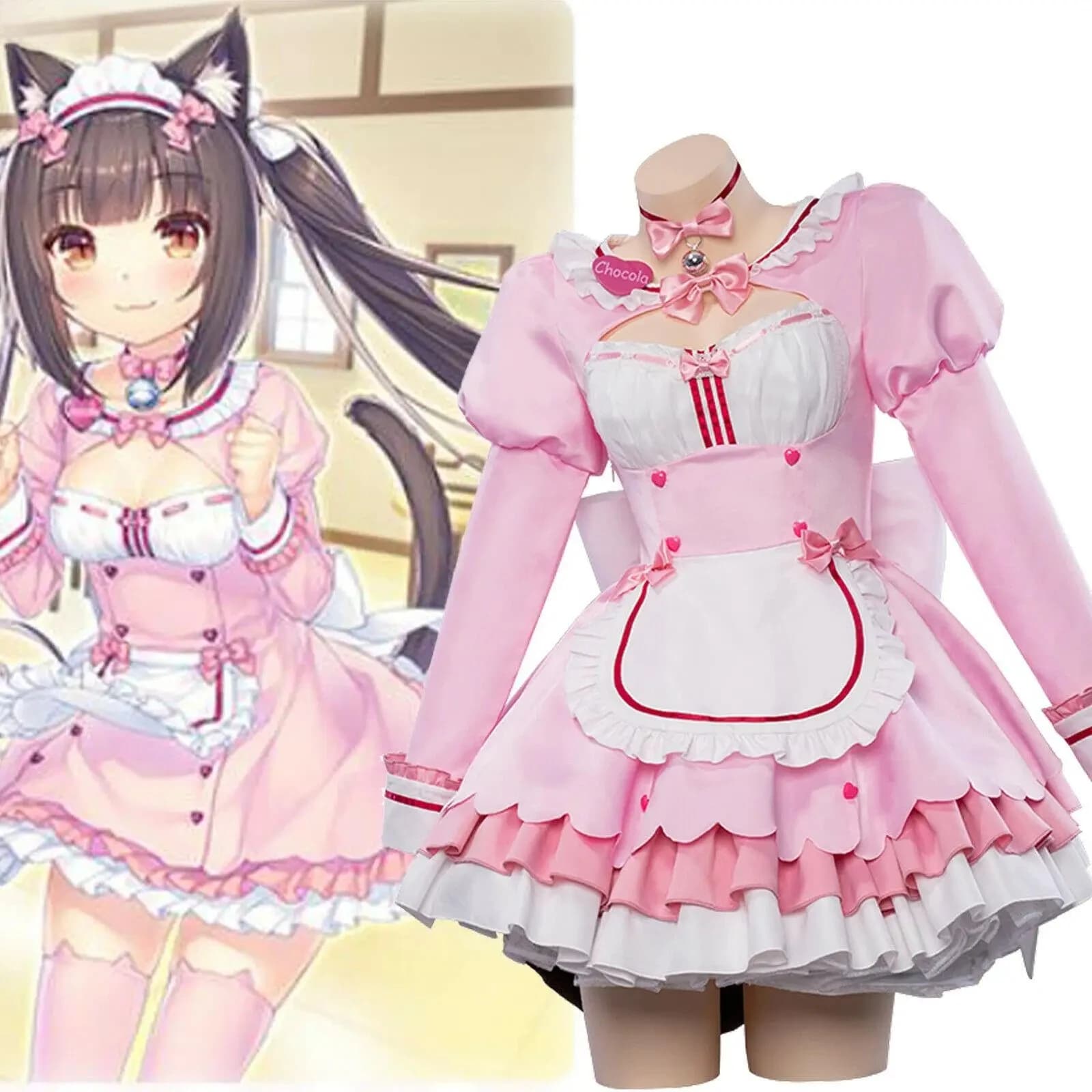 Nekopara Costume Cosplay al cioccolato Cameriera Lolita Abito con fascia Gonne rosa Orecchio di gatto Fascia per capelli Ragazze Abiti da donna 2026